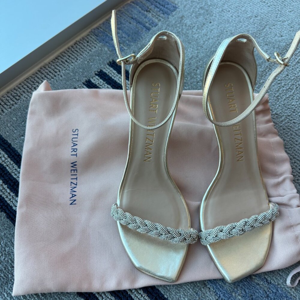 Stuart Weitzman Metallic Gold Braided Strap Ankle Strap Sandals - Picture 7 of 7